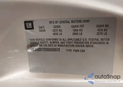 2008 Buick Lucerne Cxl z USA, uszkodzony, nr VIN 1G4HD57228U200972